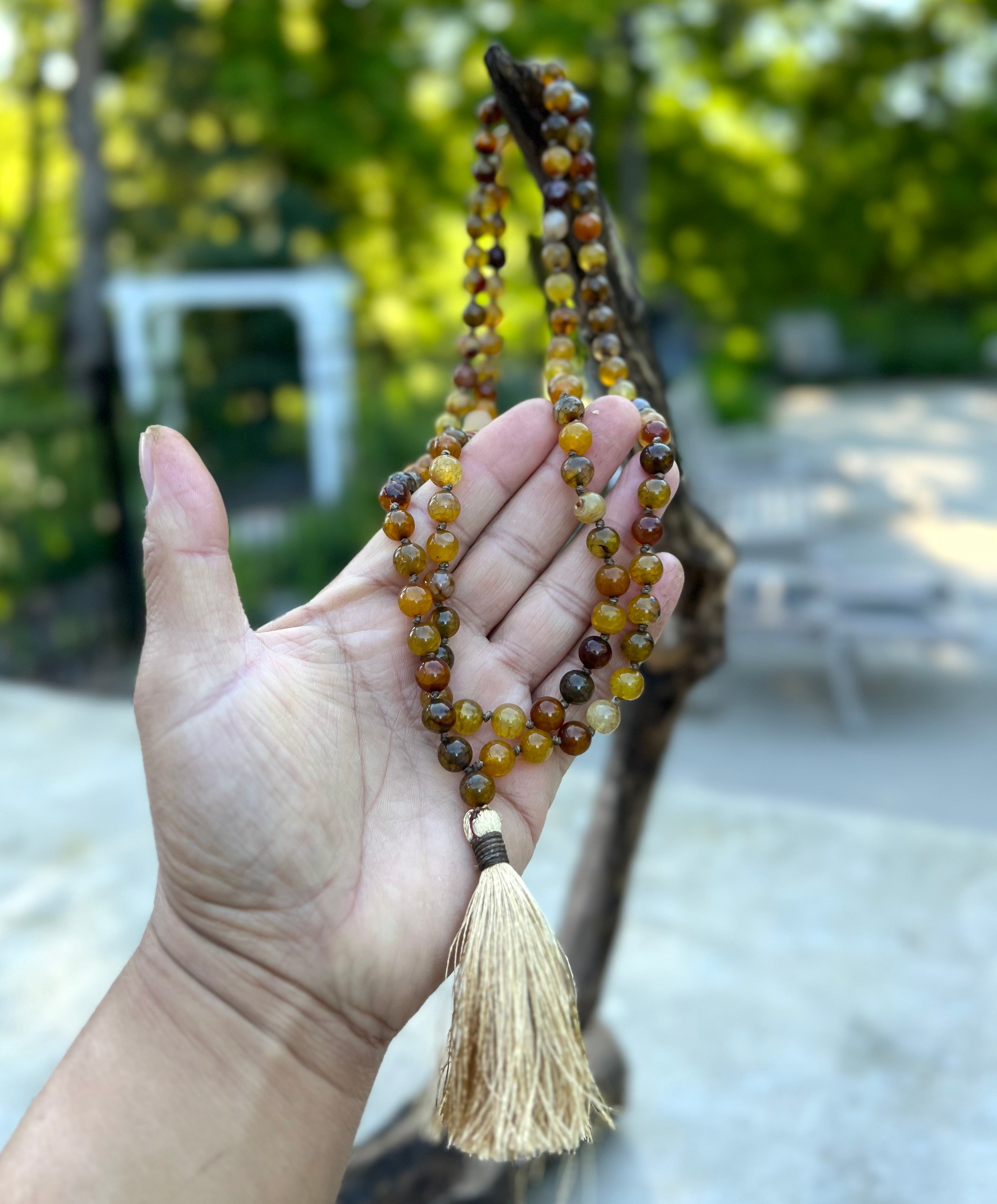 Brown Agate Mala 108 Beads – Hand Knotted Gemstone Meditation Prayer Necklac