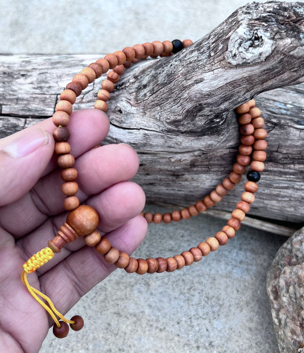 Natural Sandalwood 108 Bead Meditation Mala | Adjustable Japa Prayer Beads | Buddhist Hindu Yoga Mala | Guru Bead Necklace | Spiritual Gift - DharmaObjects