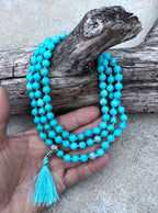 Turquoise Mala 108 Beads – Tibetan Silver Guru Bead & Lotus Charm Meditation Necklace