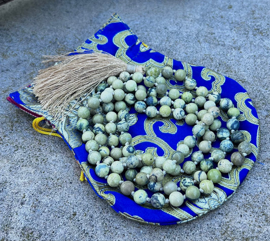 Natural Serpentine Hand Knotted Mala, Rosary 108 Beads, Japa Mala, Meditation Mala, Mala Necklace, Free Silk Pouch