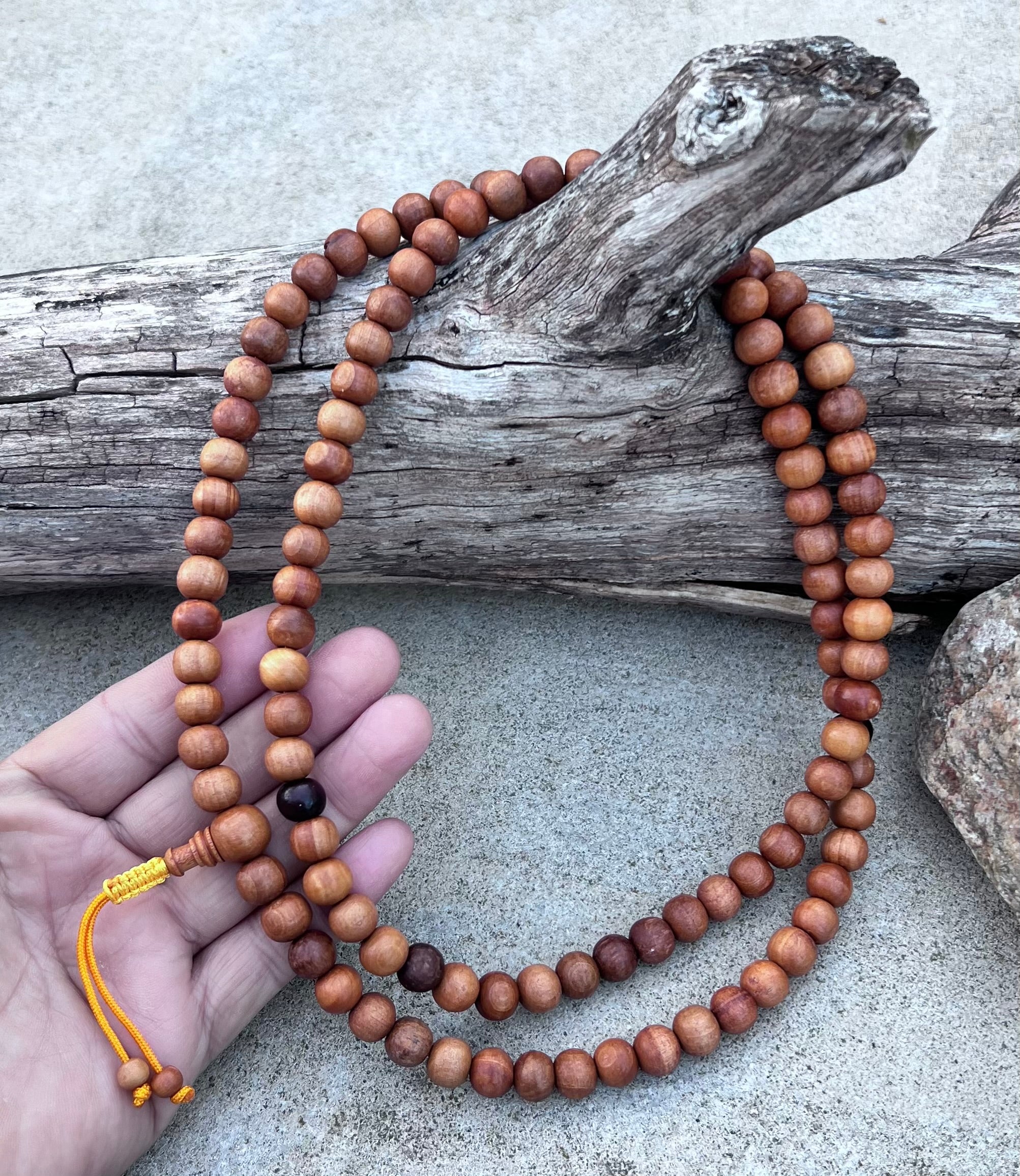 Natural Sandalwood 108 Bead Meditation Mala | Adjustable Japa Prayer Beads | Buddhist Hindu Yoga Mala | Guru Bead Necklace | Spiritual Gift - DharmaObjects