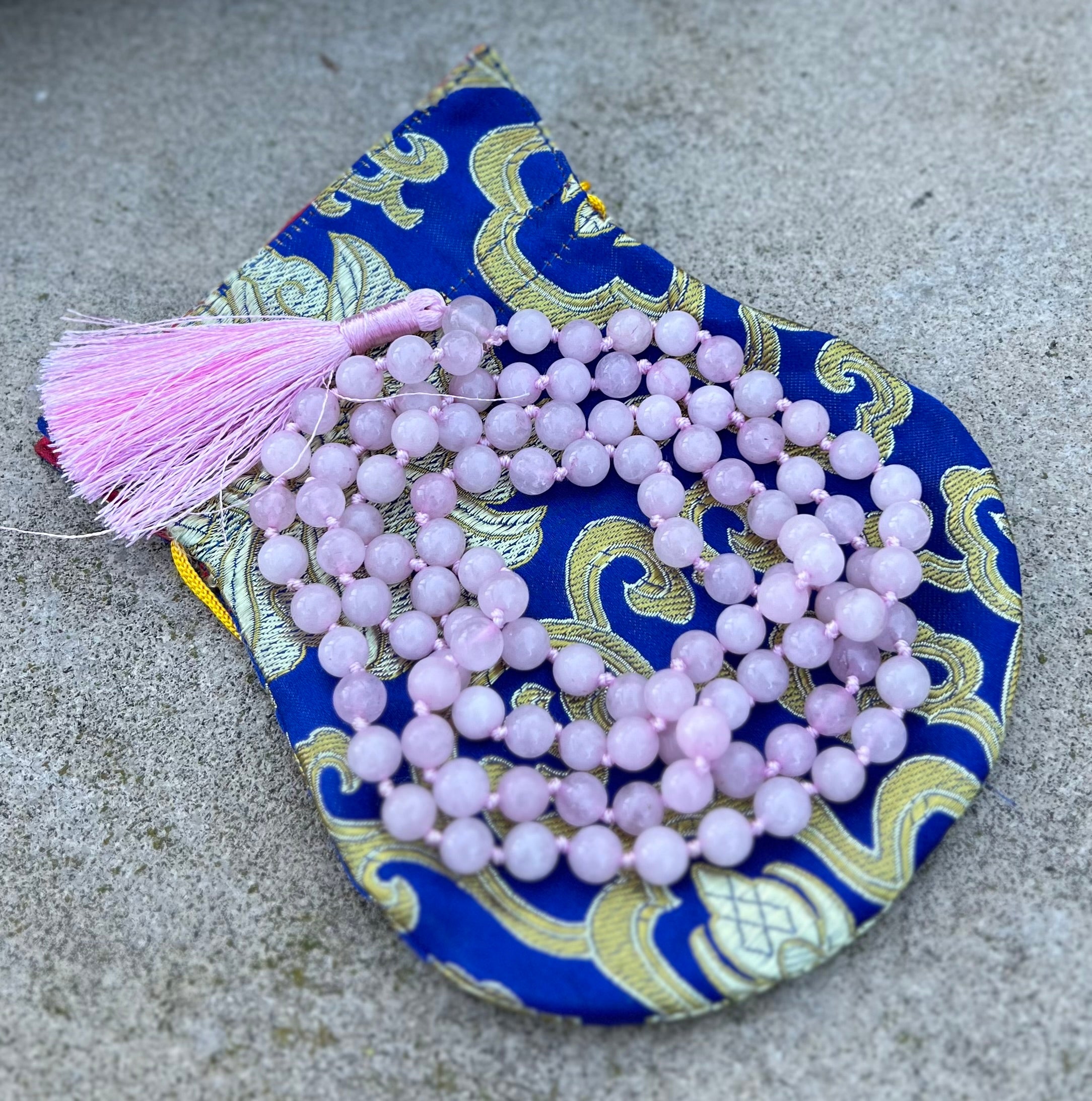 Rose Quartz Mala 108 Beads – Hand Knotted Gemstone Meditation Prayer Necklace