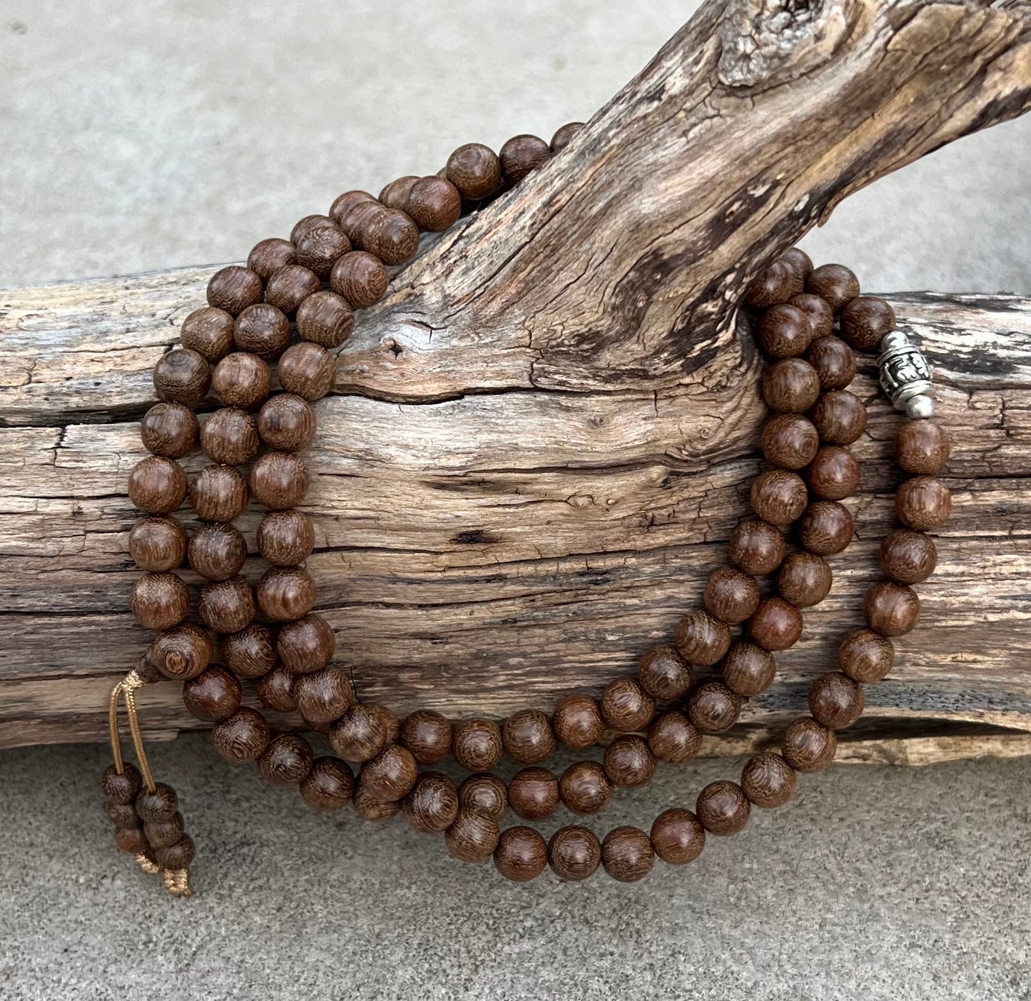 Tibetan Buddhist Nyatoh Wooden 108 Beads Mala with 3 Silver Markers + Free Silk Pouch.