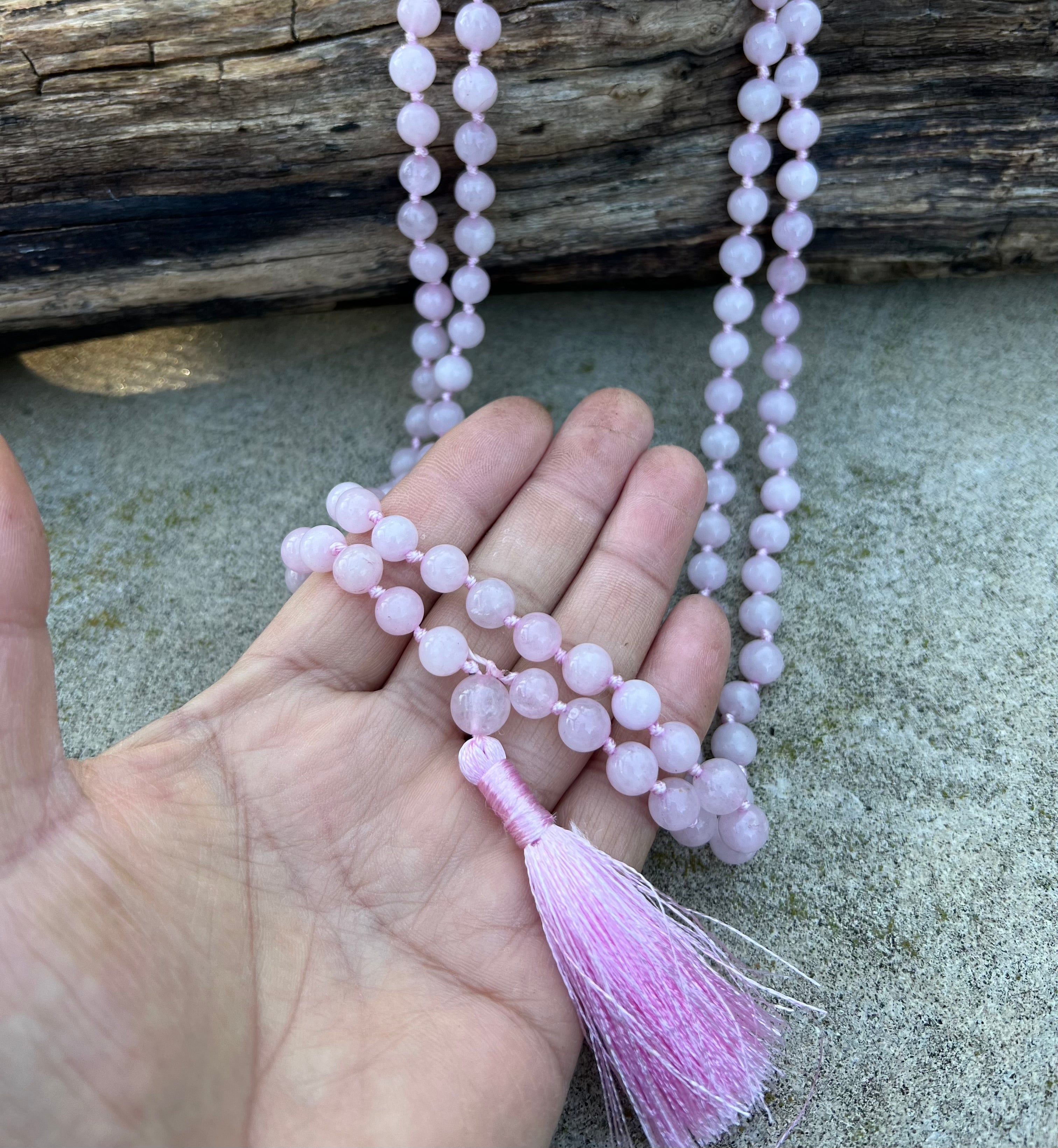 Rose Quartz Mala 108 Beads – Hand Knotted Gemstone Meditation Prayer Necklace