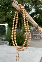 Kadam Wood Mala 108 Beads Tibetan Buddhist Prayer Necklace | 3 Silver Engraved Om Mani Padme Hum Spacers | Meditation, Compassion Mantra, Yoga & Mindfulness Mala - DharmaObjects