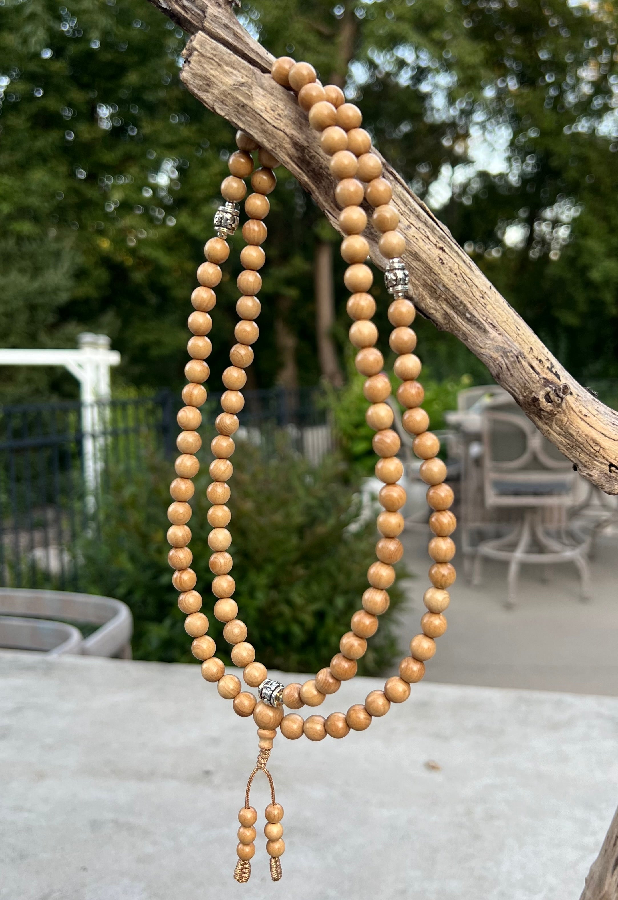 Kadam Wood Mala 108 Beads Tibetan Buddhist Prayer Necklace | 3 Silver Engraved Om Mani Padme Hum Spacers | Meditation, Compassion Mantra, Yoga & Mindfulness Mala - DharmaObjects