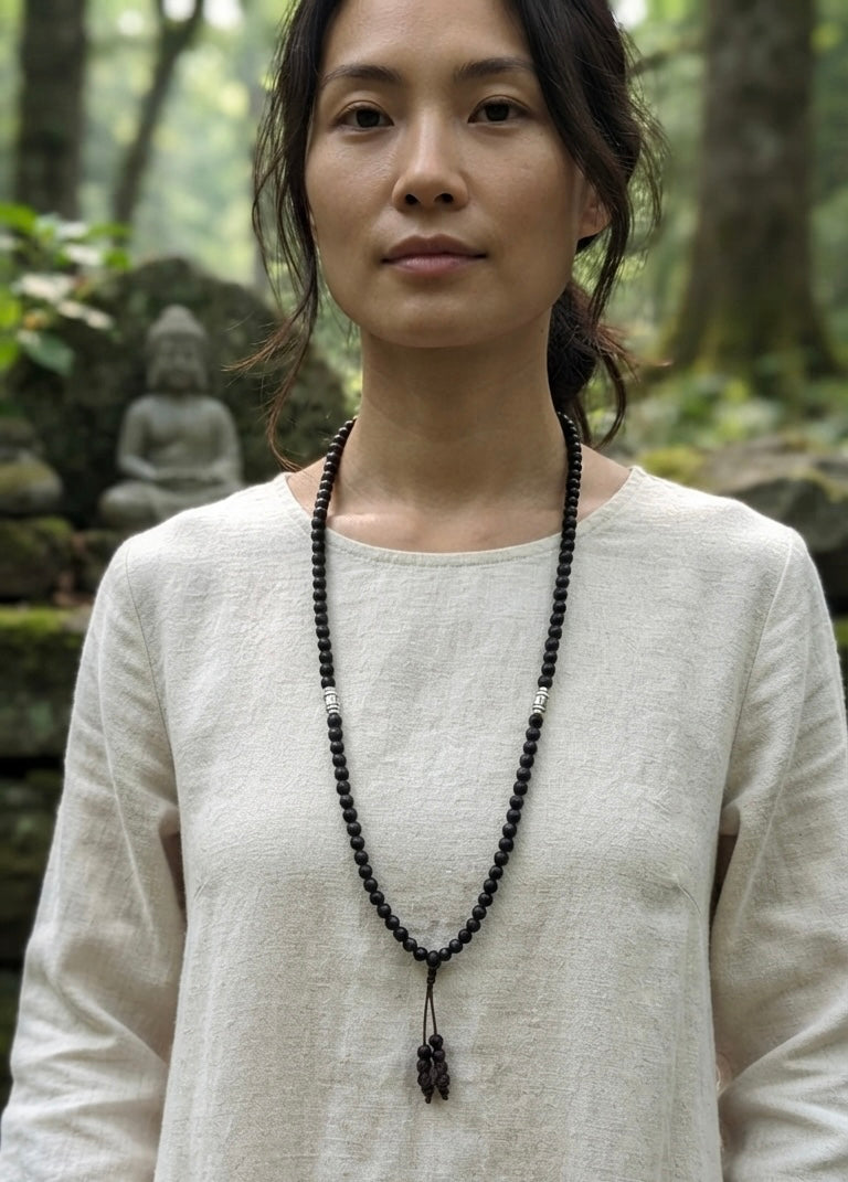 Ebony Wood Mala 108 Beads Tibetan Buddhist Prayer Necklace | 3 Silver Engraved Om Mani Padme Hum Spacers | Meditation, Compassion Mantra, Yoga & Mindfulness Mala