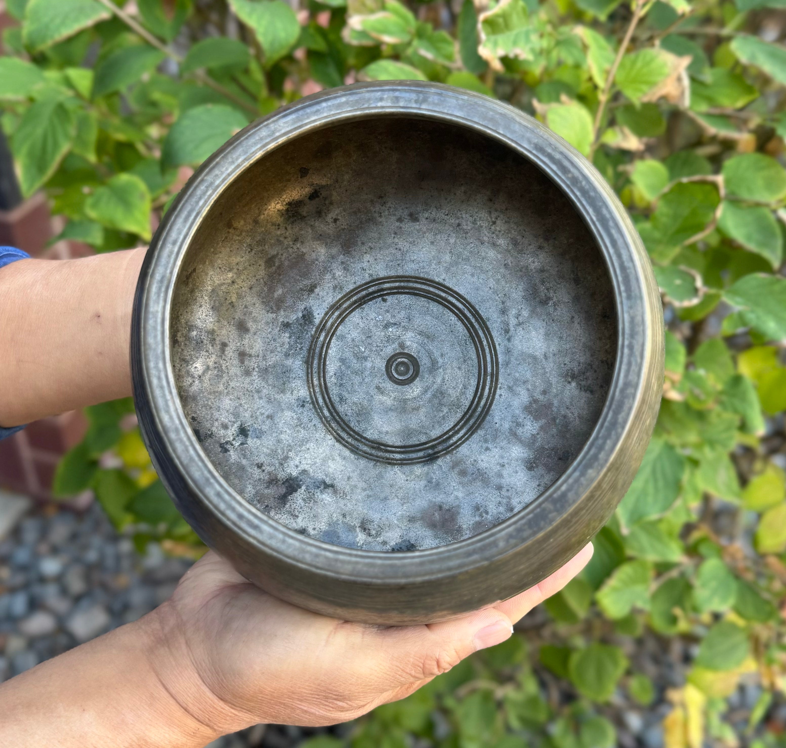 Rare Antique Mani Singing Bowl from the Himalayas 6.5" – Handcrafted Meditation Bowl with F Note 694 Hz, Cushion & Strikers - DharmaObjects