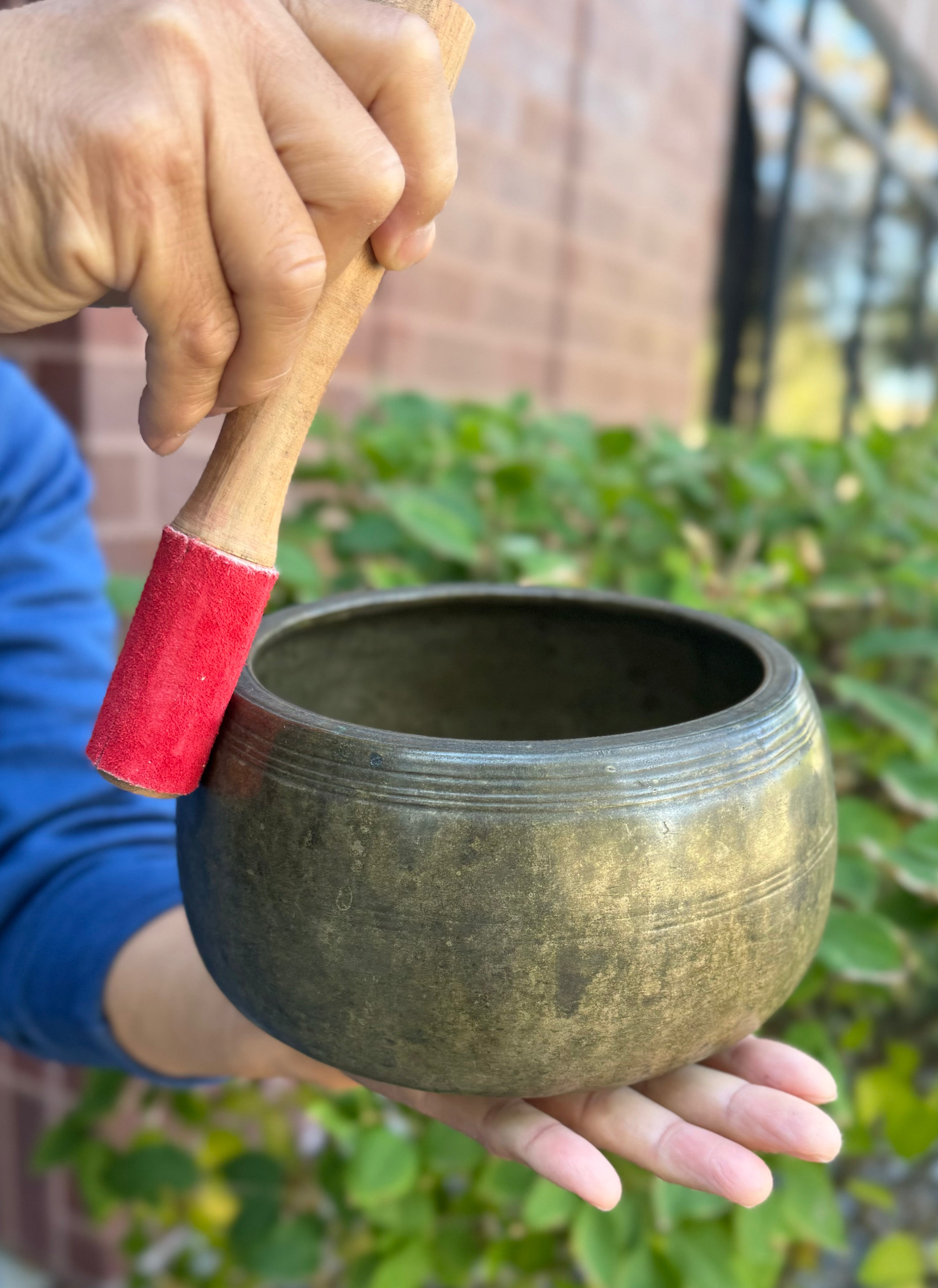 Rare Antique Mani Singing Bowl from the Himalayas 6.5" – Handcrafted Meditation Bowl with F Note 694 Hz, Cushion & Strikers - DharmaObjects