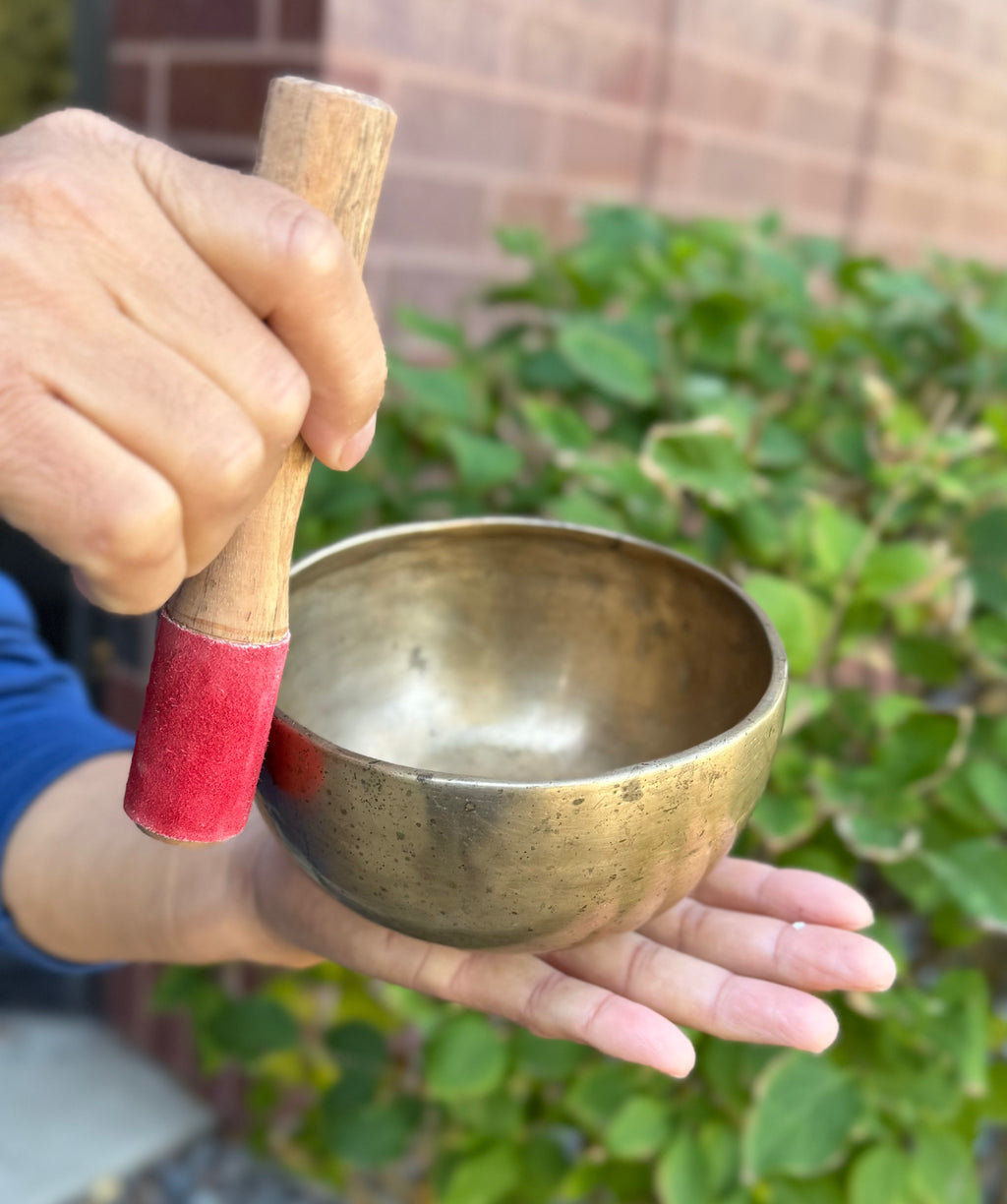 Antique Himalayan Thadobati Singing Bowl 5.25" – Heart Chakra Meditation Bowl with F Note 345 Hz, Felt Cushion & Suede Striker - DharmaObjects