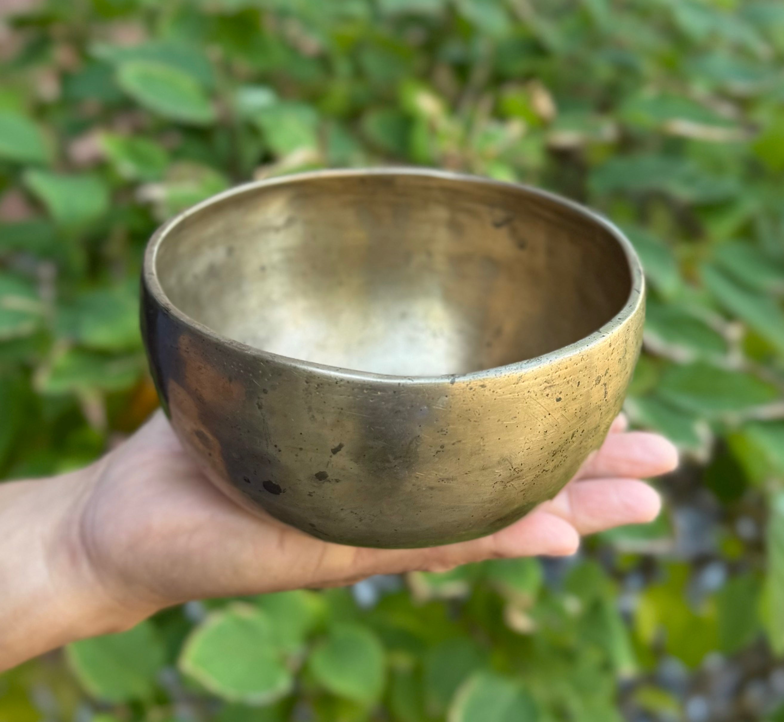 Antique Himalayan Thadobati Singing Bowl 5.25" – Heart Chakra Meditation Bowl with F Note 345 Hz, Felt Cushion & Suede Striker - DharmaObjects