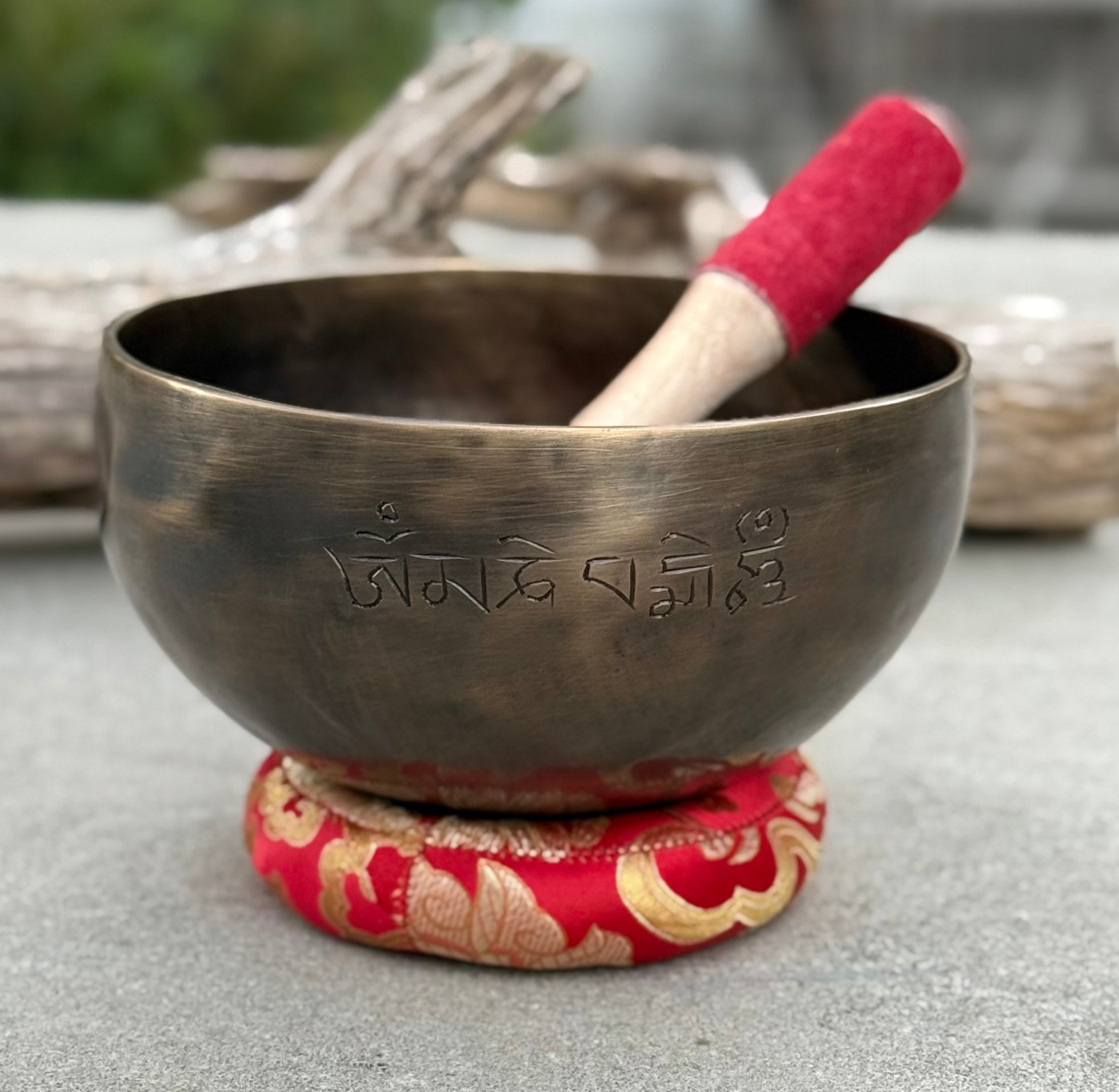 Hand Hammered Tibetan Full Moon Singing Bowl 6" – Nepalese Meditation Bowl with D Note 315 Hz, Cushion & Mallet for Sacral Chakra Healing - DharmaObjects