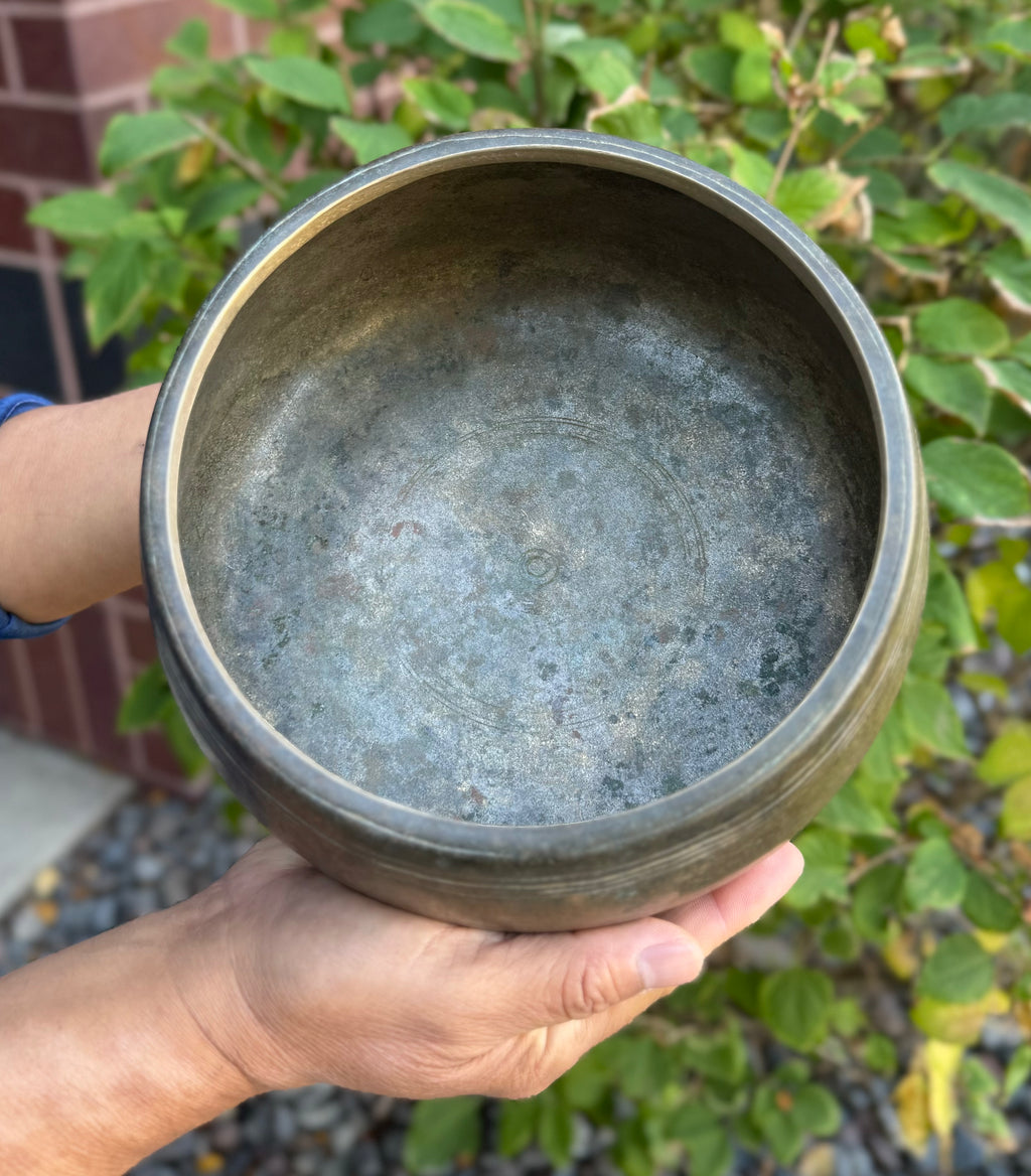 Rare Antique Mani Singing Bowl from the Himalayas 7" – Large Handcrafted Meditation Bowl with A# Note 455 Hz, Cushion & Strikers - DharmaObjects