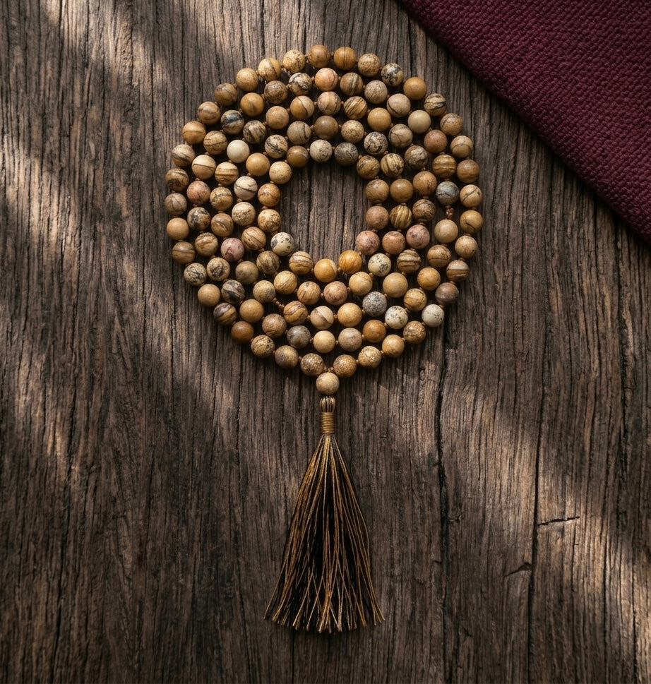 Picture Jasper Gemstone 108 Bead Mala | Hand-Knotted Meditation Necklace | Yoga Prayer Beads | Earthy Spiritual Jewelry - DharmaObjects