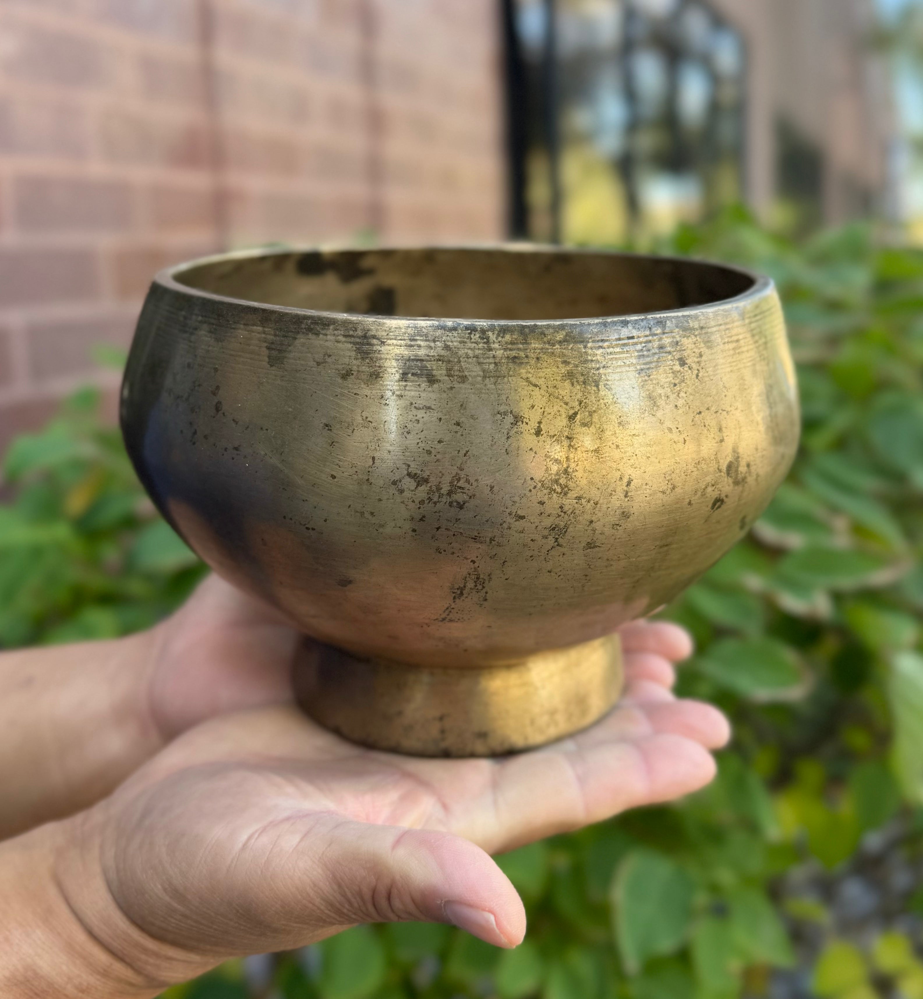 Antique Naga Pedestal Himalayan Singing Bowl 7" – Sacral Chakra D 312 Hz Chalice Bowl with Gong Beater & Mallet - DharmaObjects