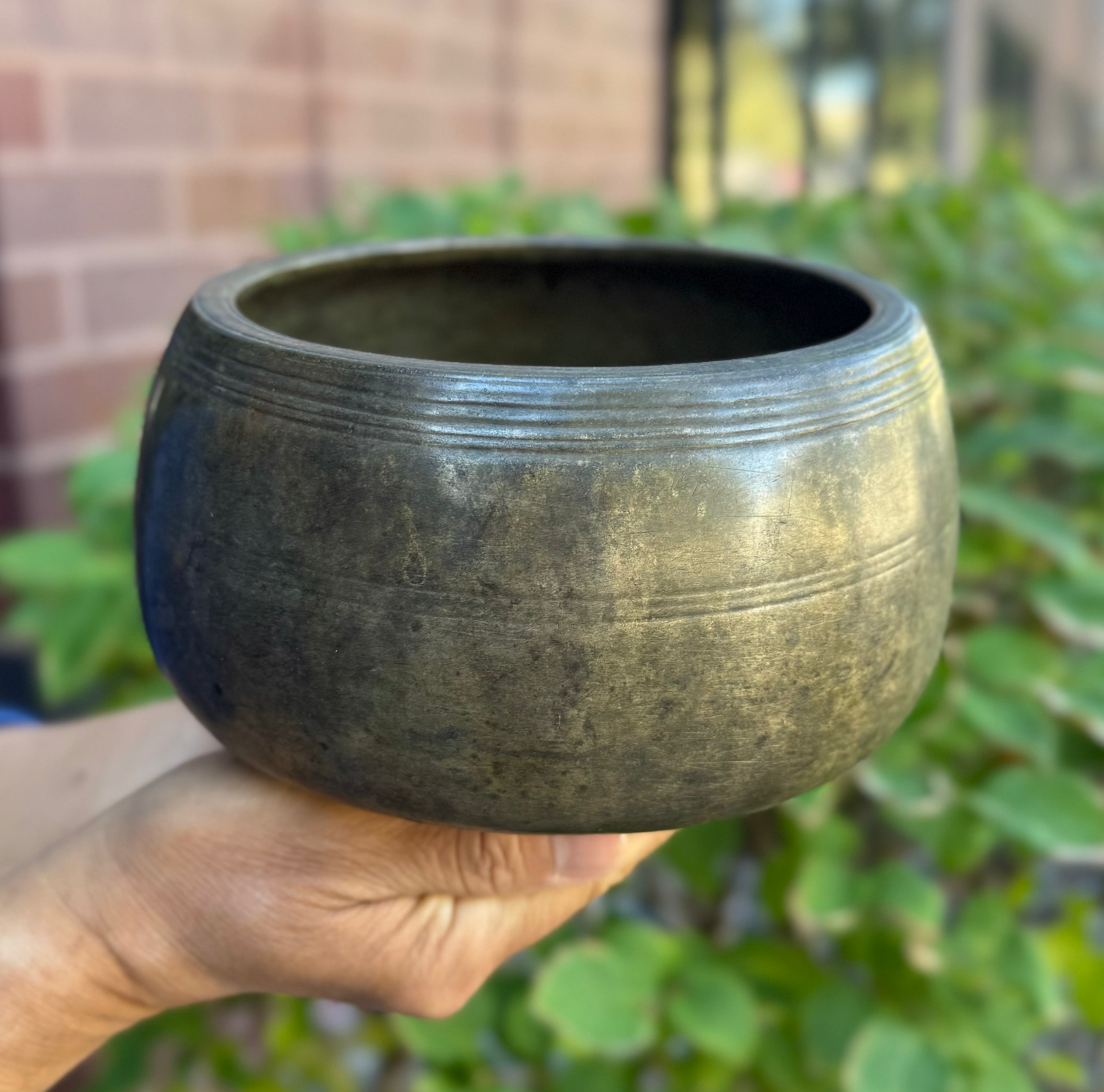 Rare Antique Mani Singing Bowl from the Himalayas 6.5" – Handcrafted Meditation Bowl with F Note 694 Hz, Cushion & Strikers - DharmaObjects