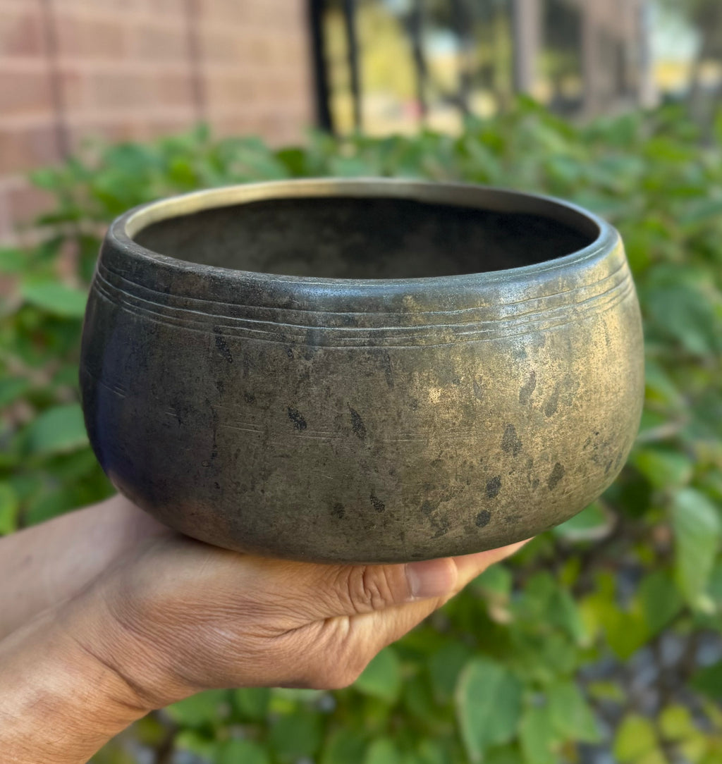 Rare Antique Mani Singing Bowl from the Himalayas 7" – Large Handcrafted Meditation Bowl with A# Note 455 Hz, Cushion & Strikers - DharmaObjects
