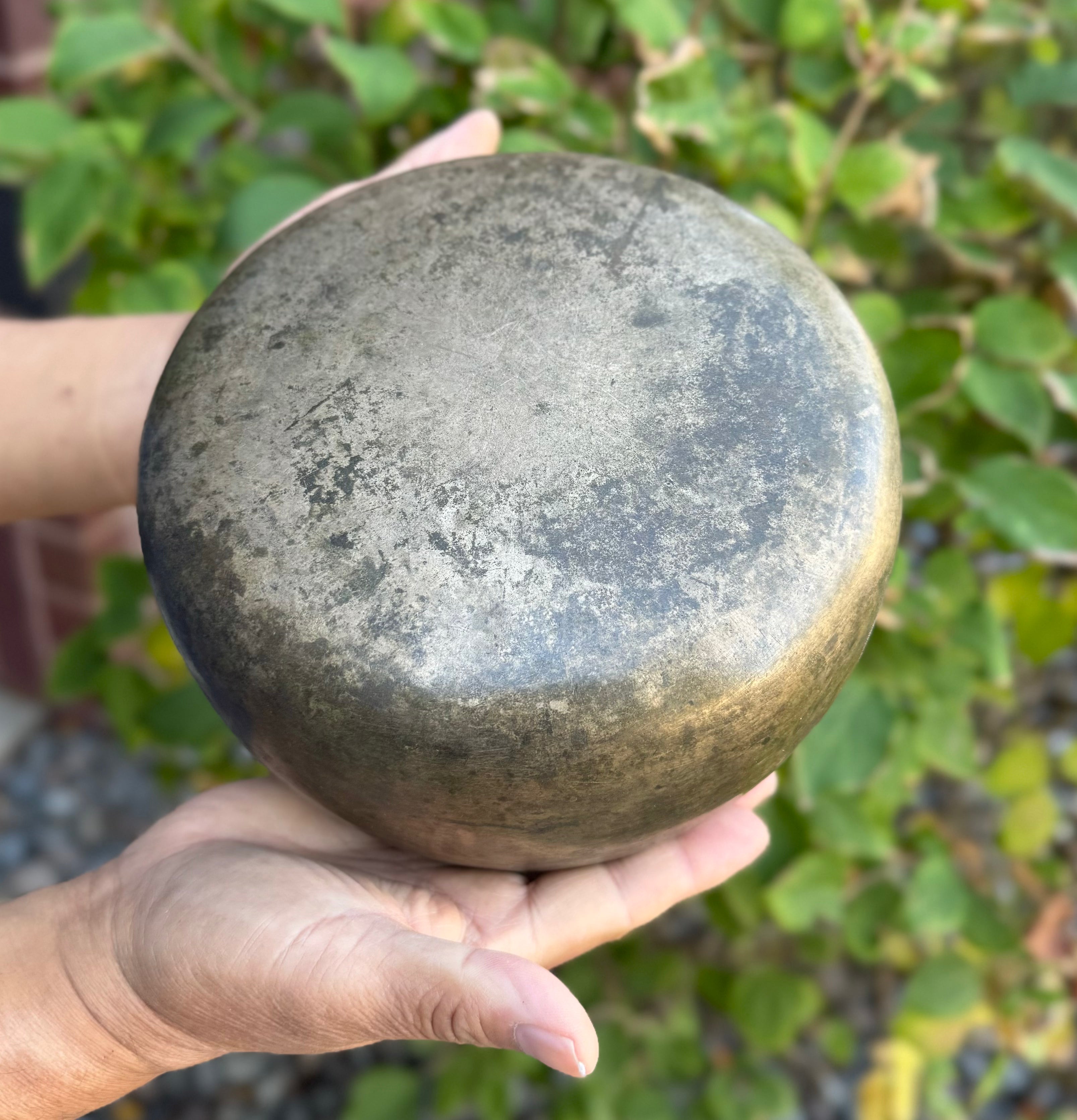 Rare Antique Mani Singing Bowl from the Himalayas 6.5" – Handcrafted Meditation Bowl with F Note 694 Hz, Cushion & Strikers - DharmaObjects