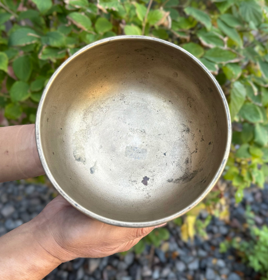 Antique Thadobati Himalayan Singing Bowl 7" – Heart Chakra Meditation Bowl with F Note 691 Hz, Felt Cushion & Suede Striker - DharmaObjects