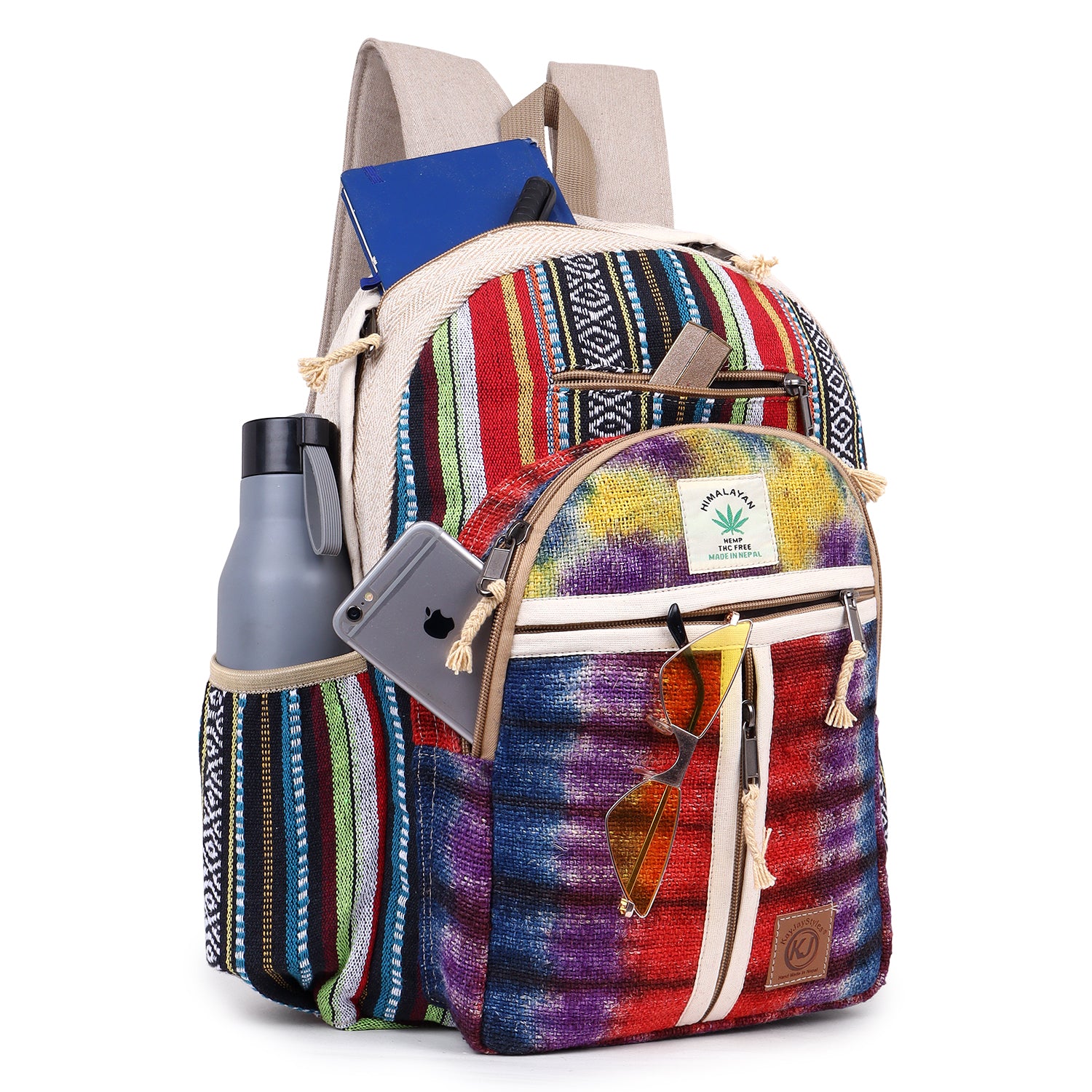 KayJayStyles Natural Handmade Large Multi Pocket Hemp Nepal Backpack (BKPK5) - DharmaObjects