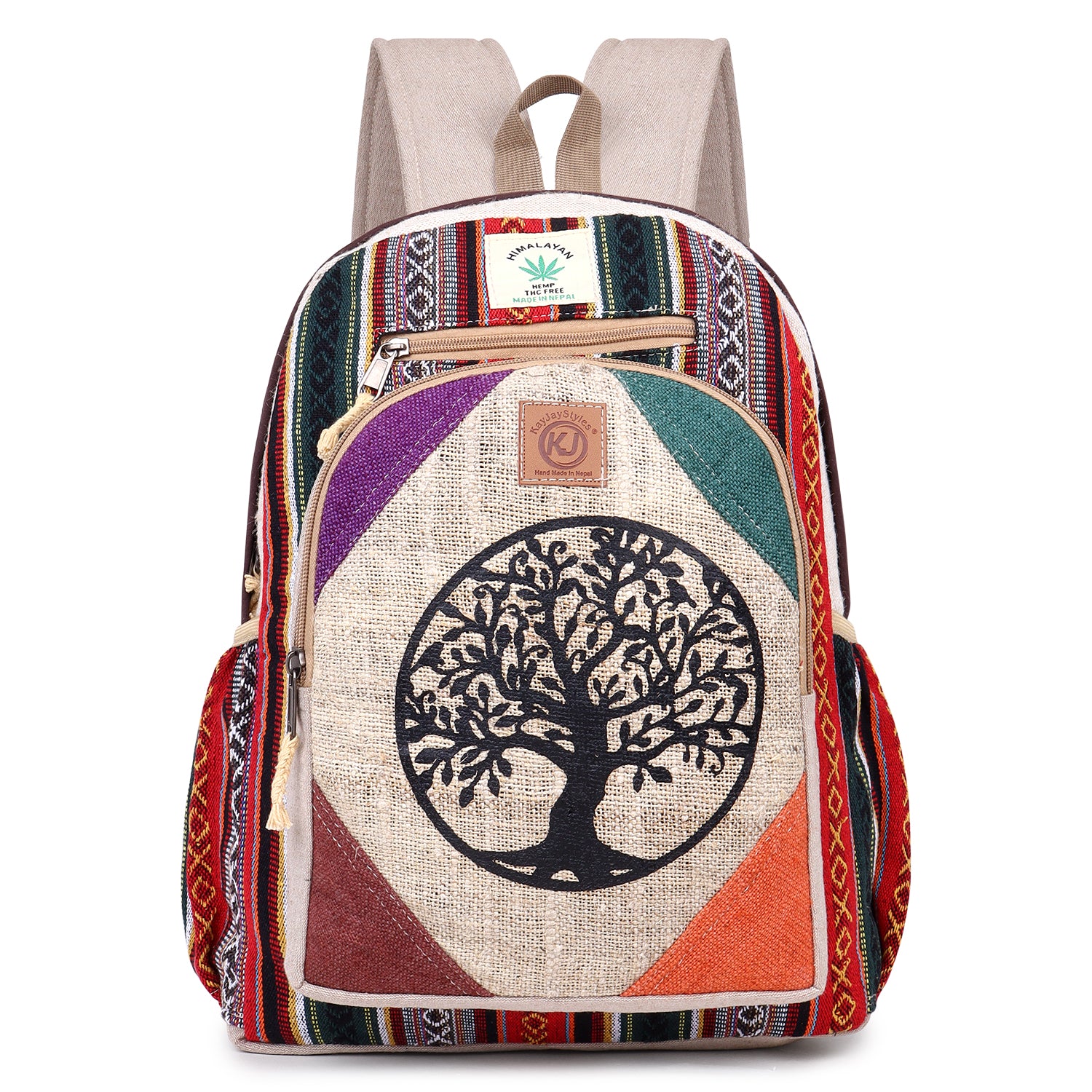 KayJayStyles Natural Handmade Large Multi Pocket Hemp Nepal Backpack (Tree Of Life) - DharmaObjects