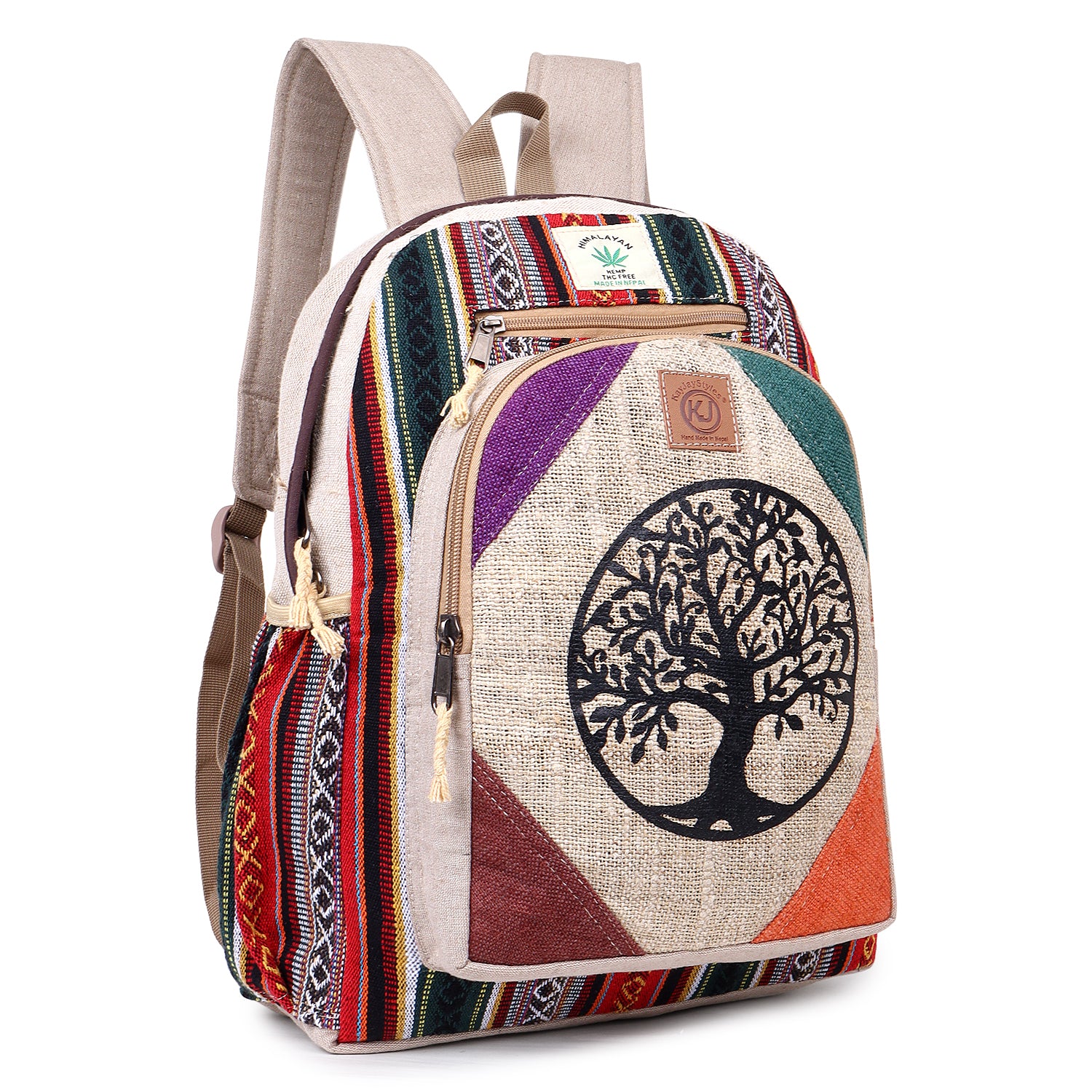 KayJayStyles Natural Handmade Large Multi Pocket Hemp Nepal Backpack (Tree Of Life) - DharmaObjects
