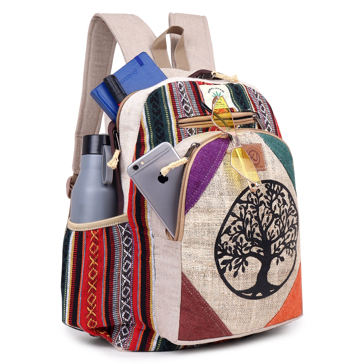 KayJayStyles Natural Handmade Large Multi Pocket Hemp Nepal Backpack (Tree Of Life) - DharmaObjects