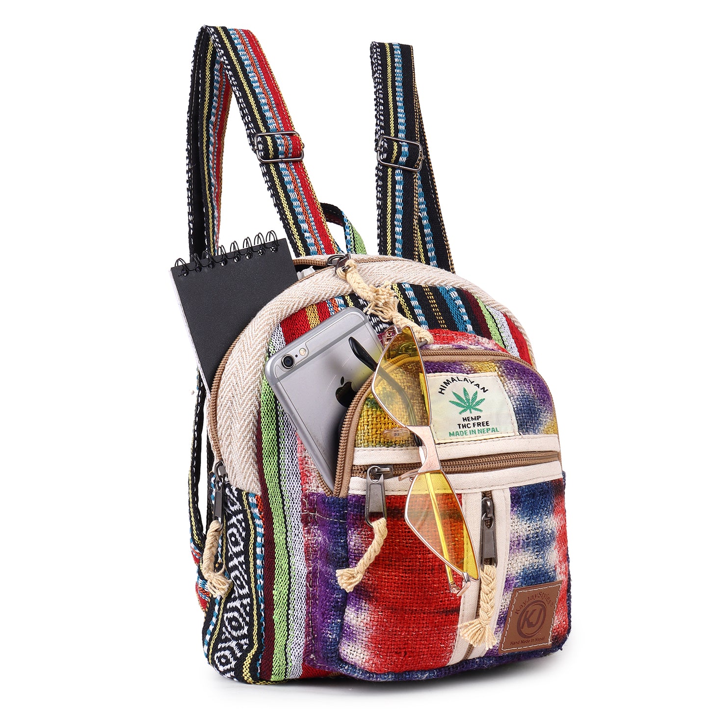 KayJayStyles Small Lightweight Minipack Daypack Handmade Himalayan Hemp Travel, Hiking, Purse for Men, Women (Tie Dye)