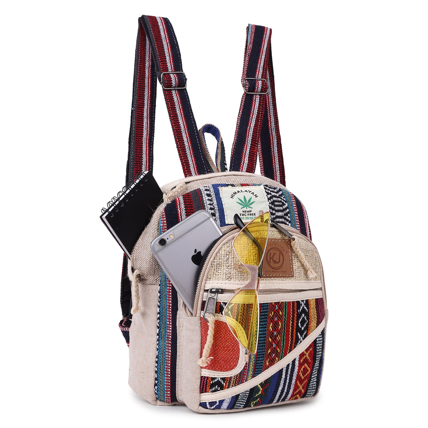 hemp mini backpack Psychedelic Sheep Boutique dye multicolor patterns Fully adjustable shoulder straps Double zipper compartments for organization Cotton lining for durability Water bottle holders on both sides Multiple interior pockets Anti Core Hemp Mini Backpack -