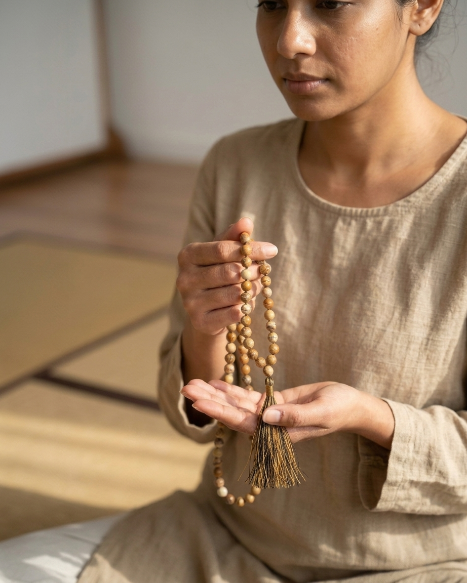 Picture Jasper Gemstone 108 Bead Mala | Hand-Knotted Meditation Necklace | Yoga Prayer Beads | Earthy Spiritual Jewelry - DharmaObjects
