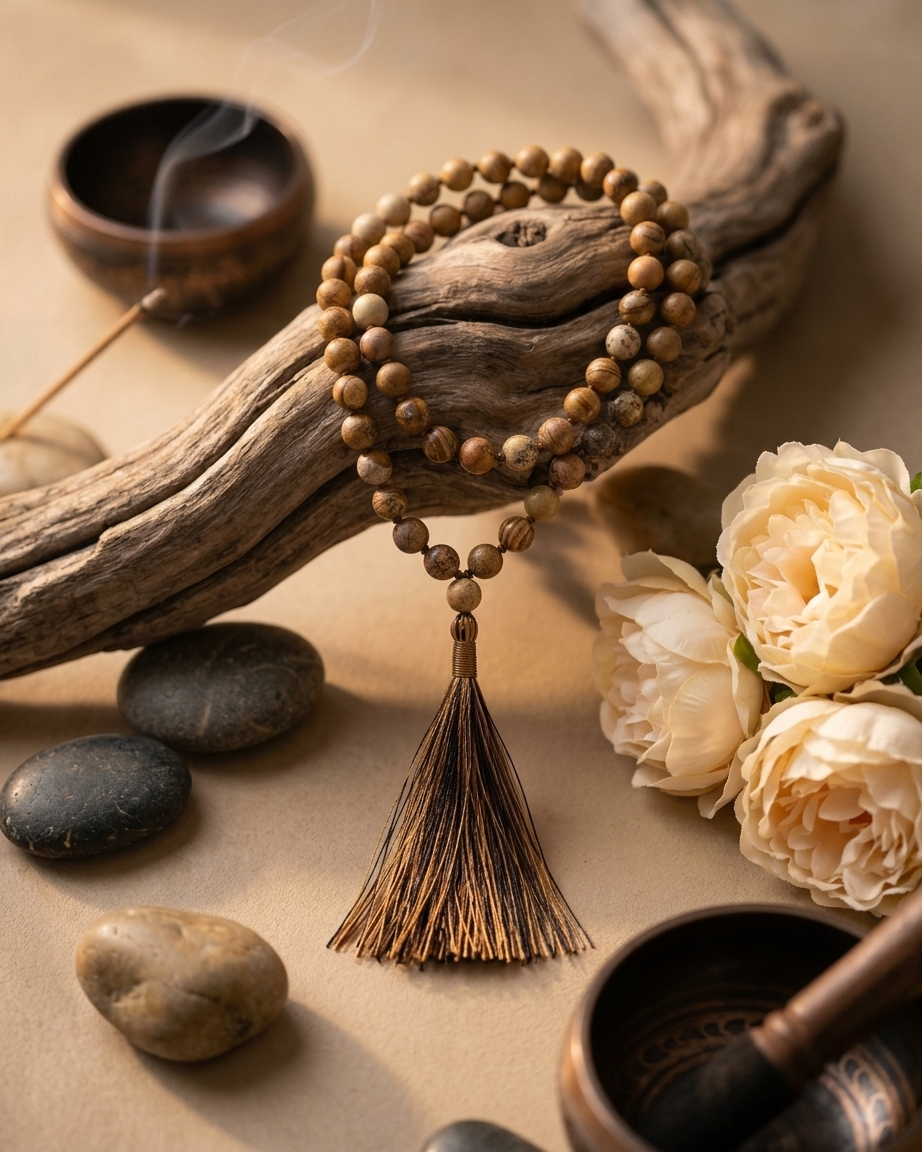 Picture Jasper Gemstone 108 Bead Mala | Hand-Knotted Meditation Necklace | Yoga Prayer Beads | Earthy Spiritual Jewelry - DharmaObjects