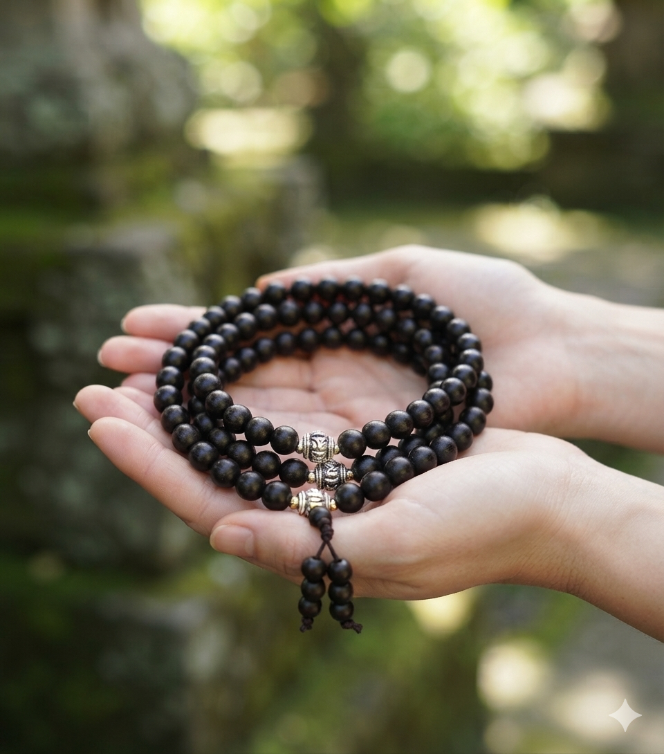 Ebony Wood Mala 108 Beads Tibetan Buddhist Prayer Necklace | 3 Silver Engraved Om Mani Padme Hum Spacers | Meditation, Compassion Mantra, Yoga & Mindfulness Mala