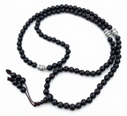 Ebony Wood Mala 108 Beads Tibetan Buddhist Prayer Necklace | 3 Silver Engraved Om Mani Padme Hum Spacers | Meditation, Compassion Mantra, Yoga & Mindfulness Mala - DharmaObjects