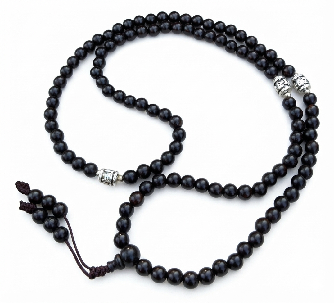 Ebony Wood Mala 108 Beads Tibetan Buddhist Prayer Necklace | 3 Silver Engraved Om Mani Padme Hum Spacers | Meditation, Compassion Mantra, Yoga & Mindfulness Mala