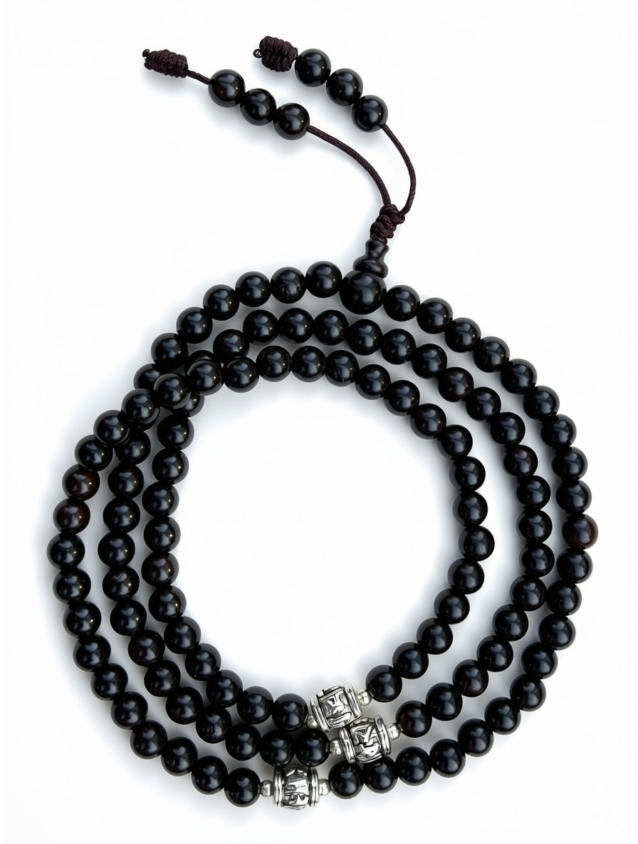 Ebony Wood Mala 108 Beads Tibetan Buddhist Prayer Necklace | 3 Silver Engraved Om Mani Padme Hum Spacers | Meditation, Compassion Mantra, Yoga & Mindfulness Mala