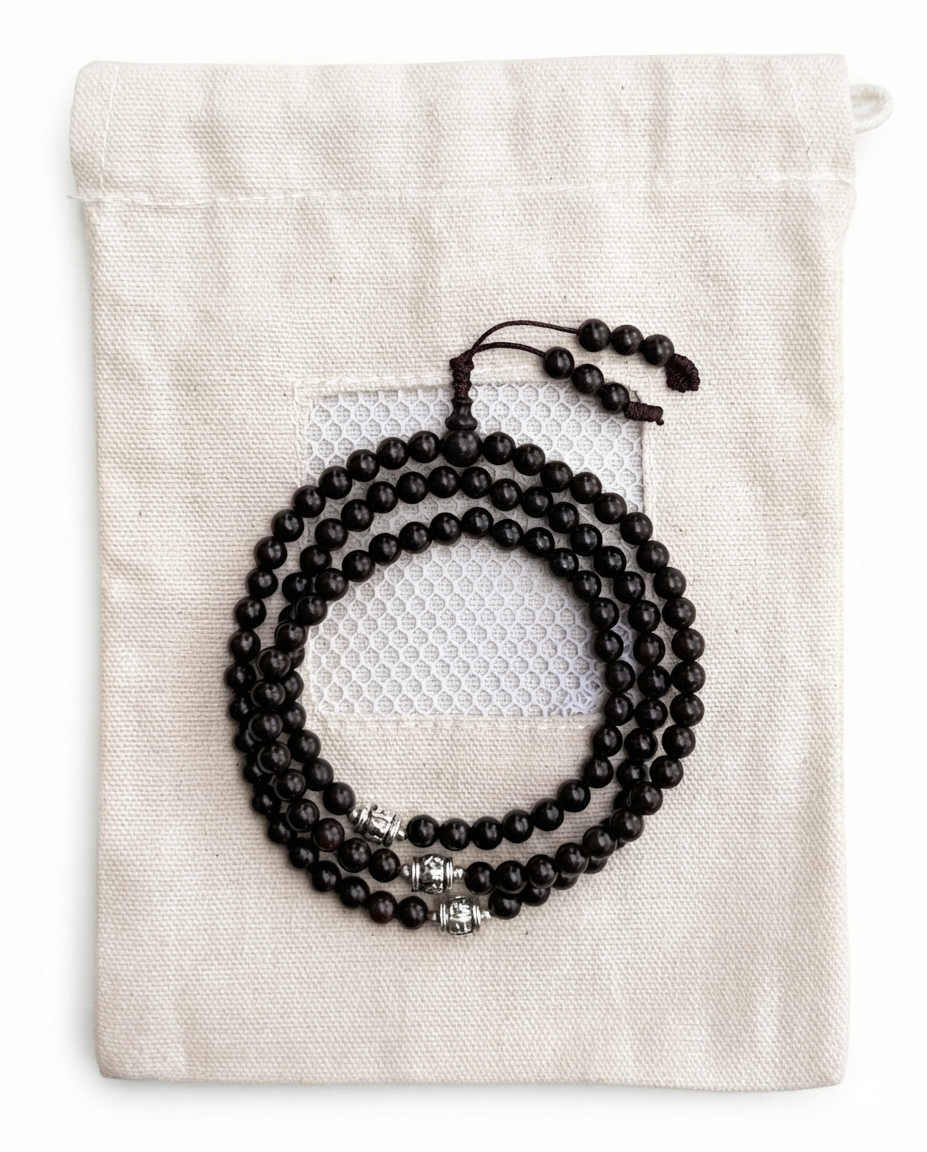 Ebony Wood Mala 108 Beads Tibetan Buddhist Prayer Necklace | 3 Silver Engraved Om Mani Padme Hum Spacers | Meditation, Compassion Mantra, Yoga & Mindfulness Mala