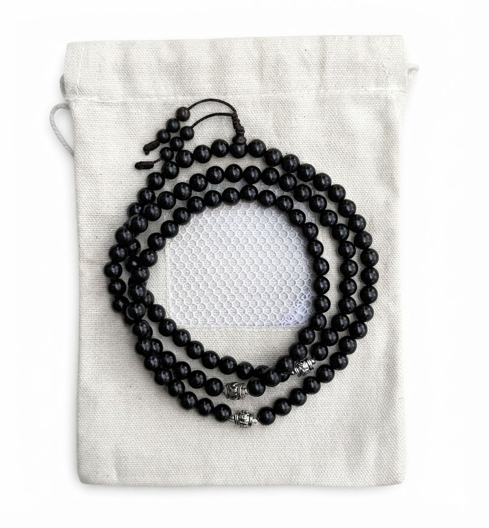 Ebony Wood Mala 108 Beads Tibetan Buddhist Prayer Necklace | 3 Silver Engraved Om Mani Padme Hum Spacers | Meditation, Compassion Mantra, Yoga & Mindfulness Mala