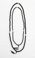 Ebony Wood Mala 108 Beads Tibetan Buddhist Prayer Necklace | 3 Silver Engraved Om Mani Padme Hum Spacers | Meditation, Compassion Mantra, Yoga & Mindfulness Mala - DharmaObjects