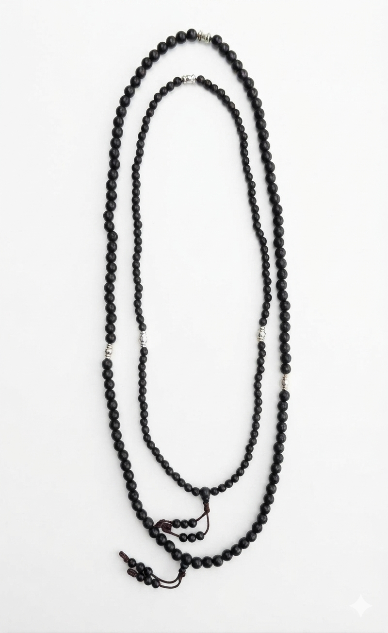 Ebony Wood Mala 108 Beads Tibetan Buddhist Prayer Necklace | 3 Silver Engraved Om Mani Padme Hum Spacers | Meditation, Compassion Mantra, Yoga & Mindfulness Mala