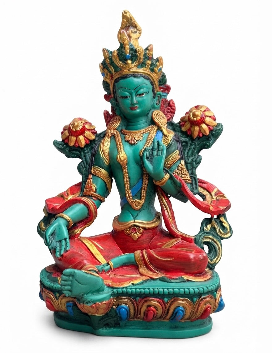 Large Tibetan Buddhist Green Tara Resin Statue – Mother Goddess Dolma Meditation Altar Figurine, Compassion & Protection Home Temple Decor - DharmaObjects