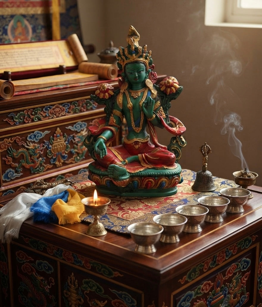 Large Tibetan Buddhist Green Tara Resin Statue – Mother Goddess Dolma Meditation Altar Figurine, Compassion & Protection Home Temple Decor - DharmaObjects