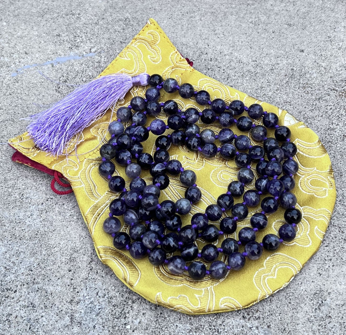 Natural Amethyst Hand Knotted Mala, Rosary 108 Beads, Japa Mala, Meditation Mala, Mala Necklace, Free Silk Pouch