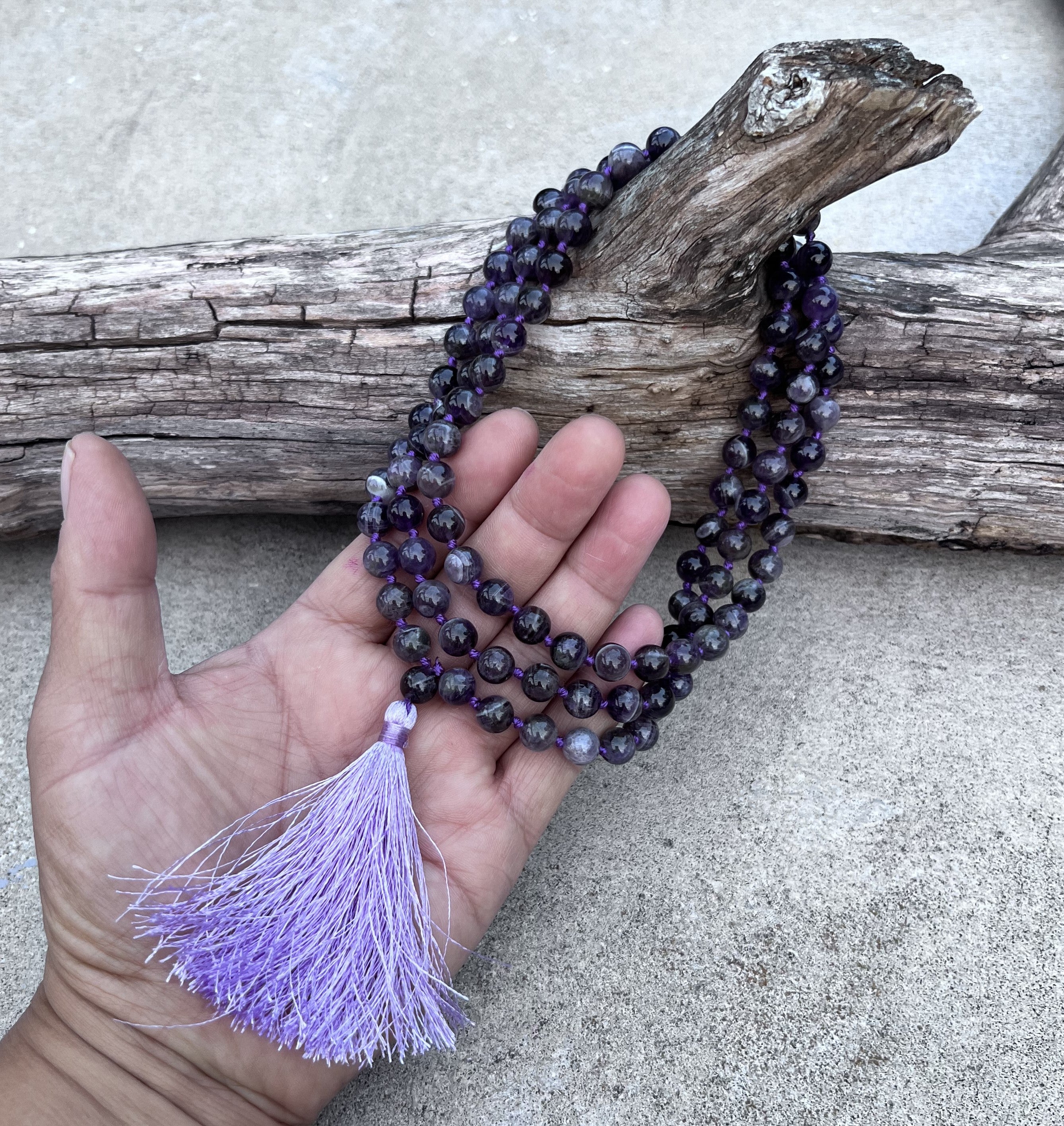 Amethyst Mala 108 Beads – Hand Knotted Gemstone Meditation Prayer Necklace