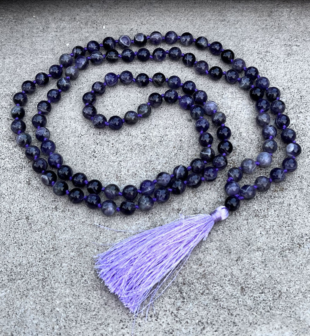 Amethyst Mala 108 Beads – Hand Knotted Gemstone Meditation Prayer Necklace