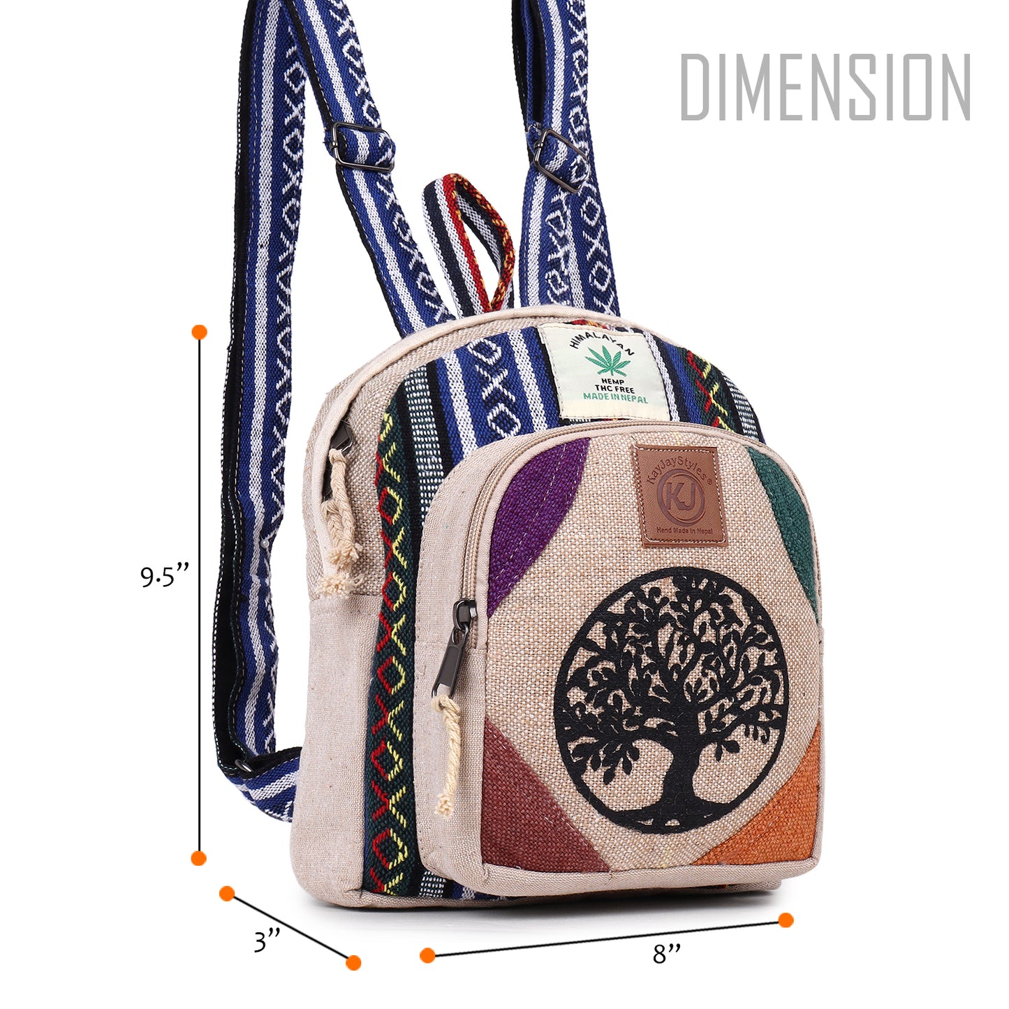 KayJayStyles Small Lightweight Minipack Daypack Handmade Himalayan Hemp Travel, Hiking, Purse for Men, Women (Tree Of Life)