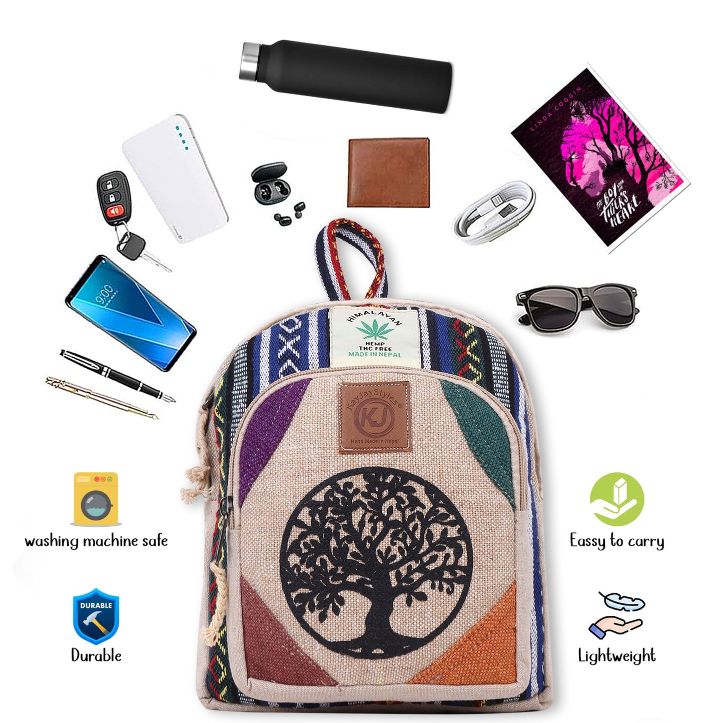 KayJayStyles Small Lightweight Minipack Daypack Handmade Himalayan Hemp Travel, Hiking, Purse for Men, Women (Tree Of Life)