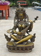 Goddess Of Music and Wisdom Yangchenma Saraswati Statue Solid Brass Antique Finish for Home Altar Shrine Meditation Room 8 Inches Tall