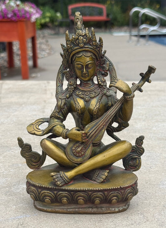 Goddess Of Music and Wisdom Yangchenma Saraswati Statue Solid Brass Antique Finish for Home Altar Shrine Meditation Room 8 Inches Tall