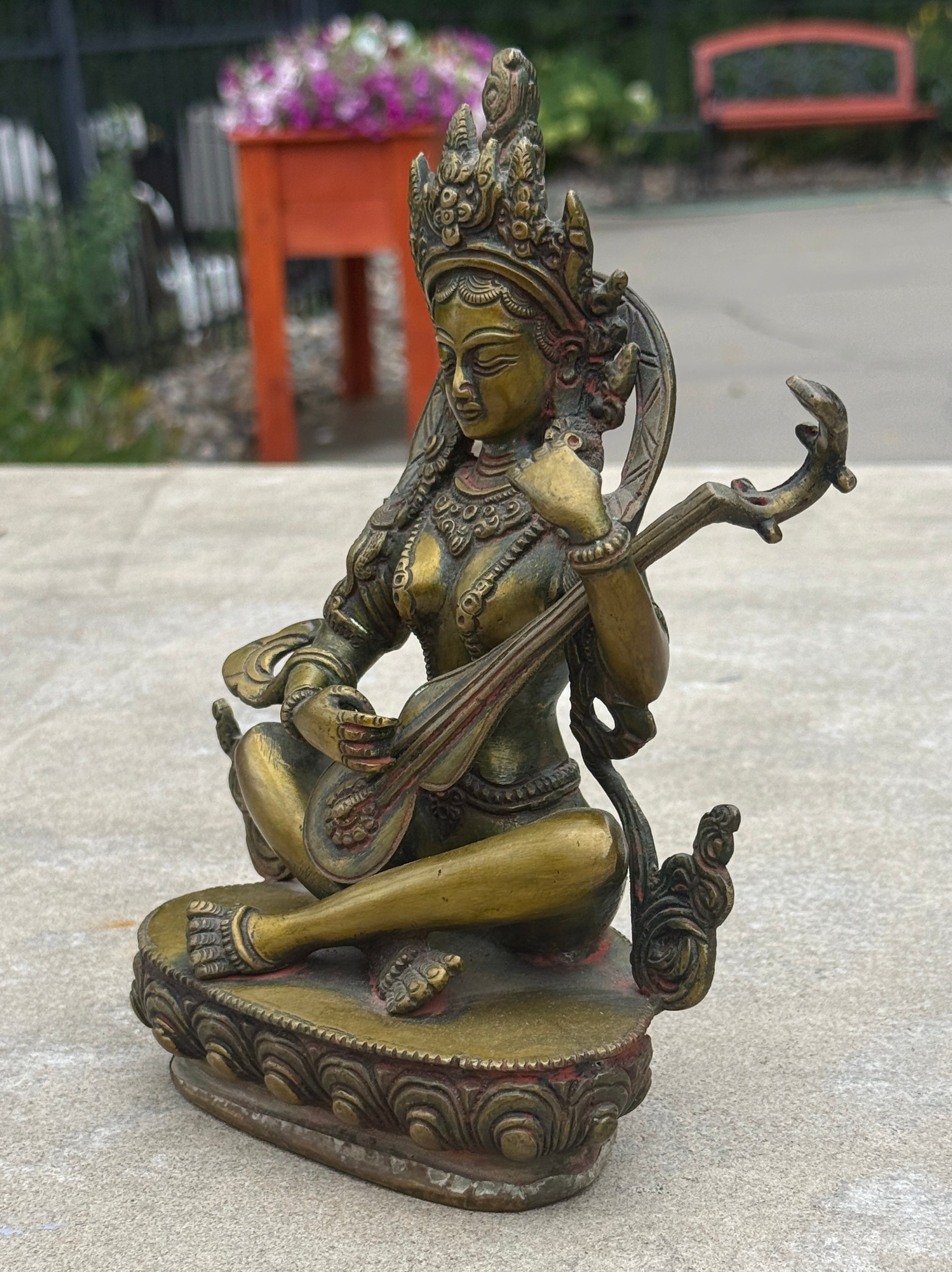 Goddess Of Music and Wisdom Yangchenma Saraswati Statue Solid Brass Antique Finish for Home Altar Shrine Meditation Room 8 Inches Tall