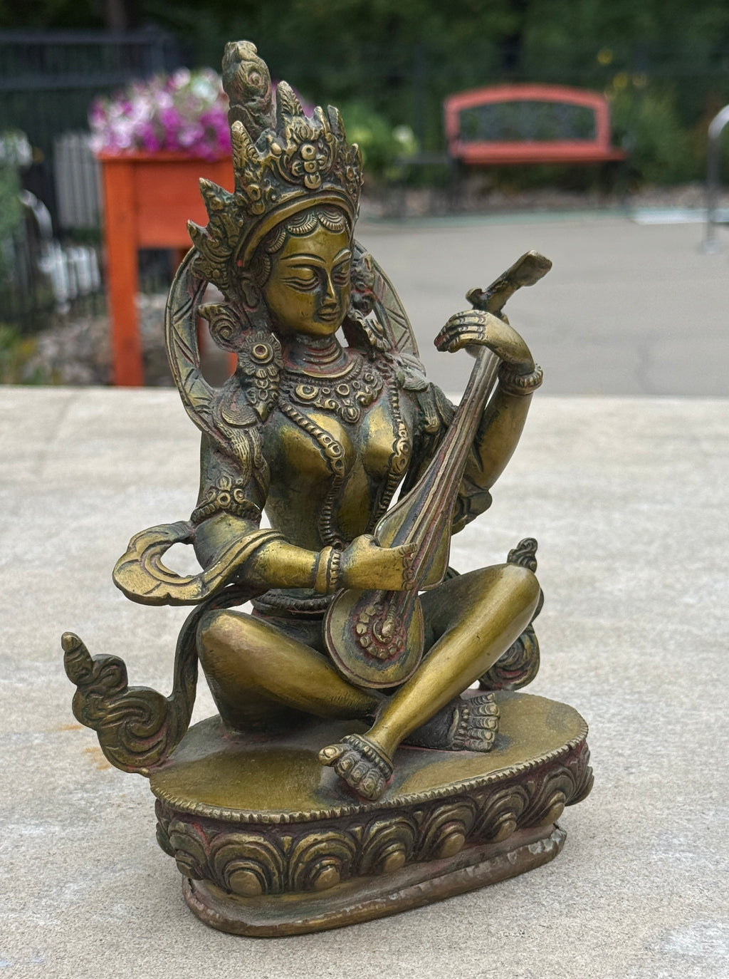 Goddess Of Music and Wisdom Yangchenma Saraswati Statue Solid Brass Antique Finish for Home Altar Shrine Meditation Room 8 Inches Tall